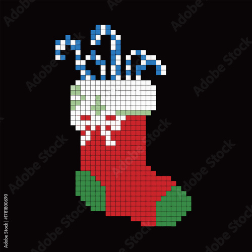 Festive Christmas Stocking Filled with Blue and White Candy Canes in 8-Bit Pixel Art Style, Holiday Decoration and Winter Season Graphic Asset on Black Background.
