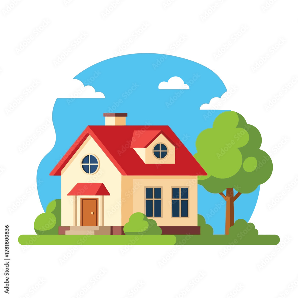 Naklejka premium A charming illustration of a house with a red roof, surrounded by greenery.