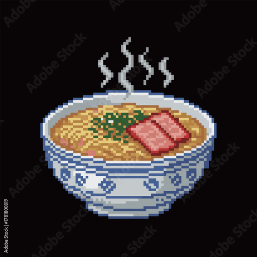 Steaming Hot Bowl of Ramen Noodles with Meat and Green Onions in 8-Bit Pixel Art Style, Delicious Asian Cuisine and Comfort Food Graphic Asset on Black Background.