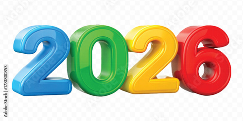 realistic 3d colorful three dimensional 2026 typography Isolated on a transparent background