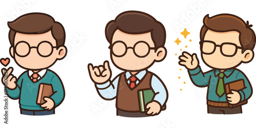 male teacher calling attendance and making peace sign