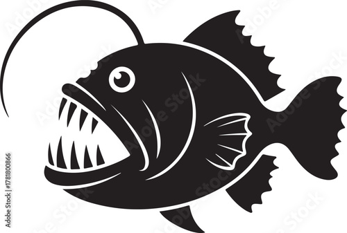 Black silhouette of a deep sea anglerfish with sharp teeth and a bioluminescent lure deep sea fish 1