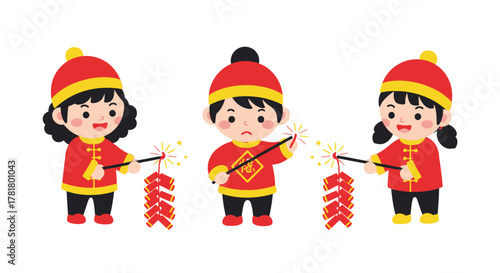 Three children in traditional attire ignite firecrackers, celebrating a festive occasion.