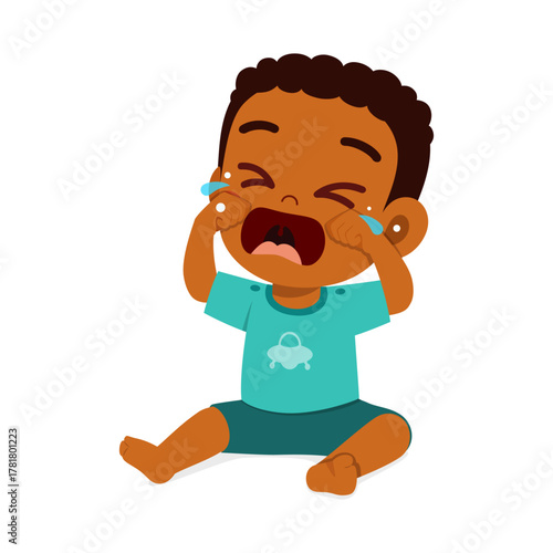 Crying African American Boy Sitting on the Floor with Tears in Illustration Style