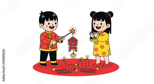 Two children, a boy and a girl, celebrating Chinese New Year with firecrackers and candles on a red mat.