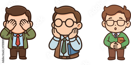 office worker covering face and shy embarrassed pose set