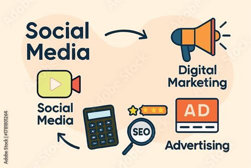 Social media and digital marketing concept with icons on light background