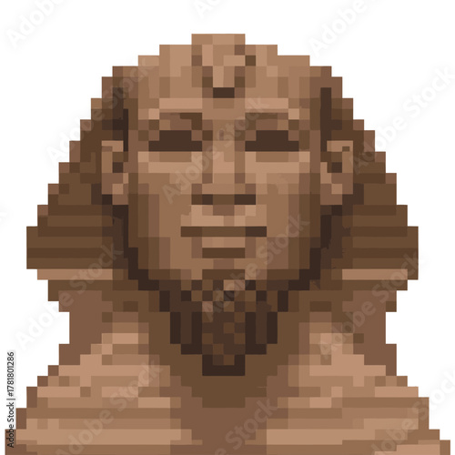 Detailed Head of the Great Sphinx of Giza in 8-Bit Pixel Art Style, Ancient Egyptian Monument and Historical Landmark Graphic Asset.