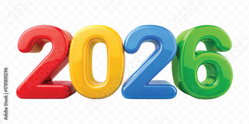 realistic 3d colorful three dimensional 2026 typography Isolated on a transparent background