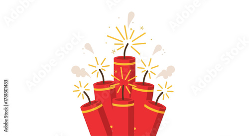 Illustration of red firecrackers with sparks and smoke, set against a white background.