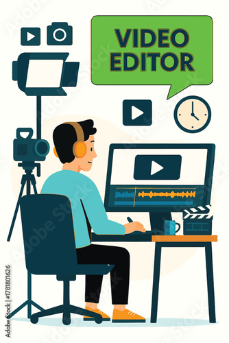 Video editor working on computer isolated on white background illustration