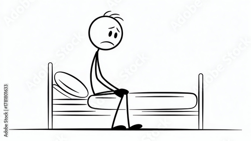 Sad stick figure sitting on the edge of a hospital bed, isolated on white background