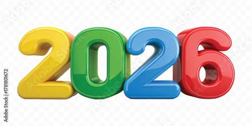 realistic 3d colorful three dimensional 2026 typography Isolated on a transparent background