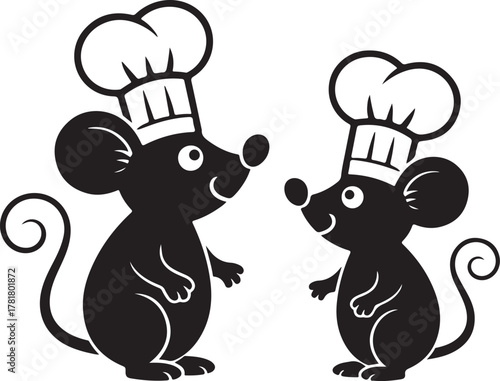 Two black cartoon mice wearing chef hats standing and looking at each other mouse rodent