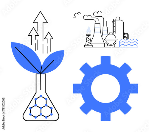 Laboratory flask with a plant and arrows, industrial factory emitting fumes, and gearwheel. Ideal for sustainability, biotechnology, ecology, innovation, industry, renewable energy environmental