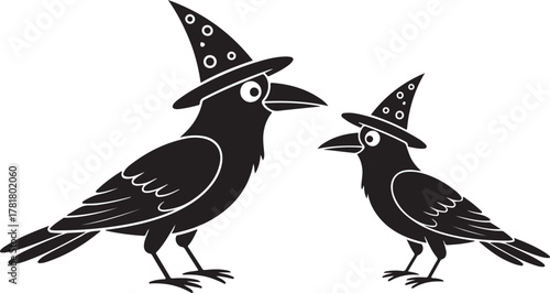 Two black crows wearing pointed hats with white circles standing on white background bird