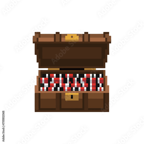 Open Treasure Chest Filled with Red and White Striped Pirate Loot, A Pixel Art Icon for Adventure, Wealth, and Gaming Fantasy in a Retro Style Graphic