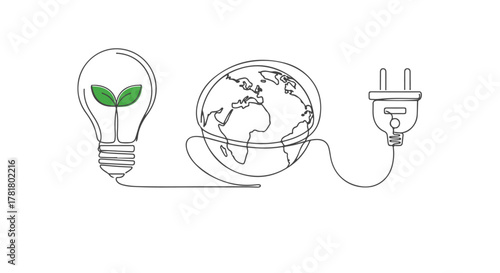 One continuous single line drawing of a lightbulb with a sprouting plant, Earth, and electrical plug, symbolizing sustainability and green energy