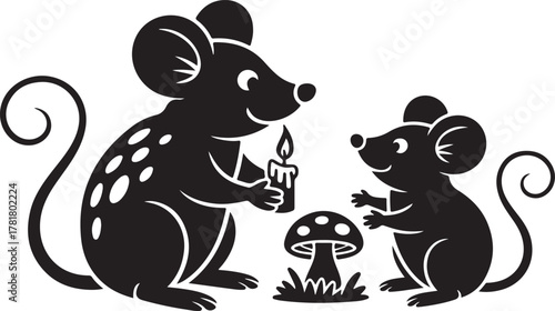 Two black mice characters one holding a lit candle and the other looking at a mushroom on white background