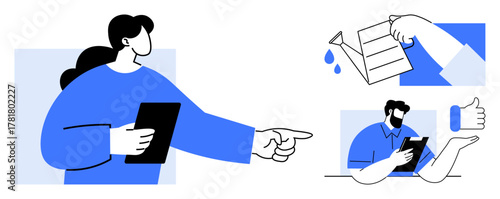 Woman holding tablet and pointing, watering can nurturing growth, man analyzing notes with approval gesture. Ideal for teamwork, mentorship, communication, innovation, feedback, leadership growth