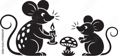 Two black mice one holding a lit candle the other looking at a mushroom mouse rodent