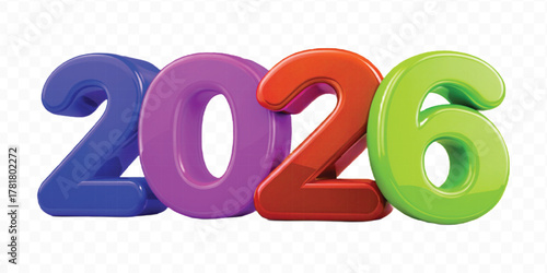 realistic 3d colorful three dimensional 2026 typography Isolated on a transparent background
