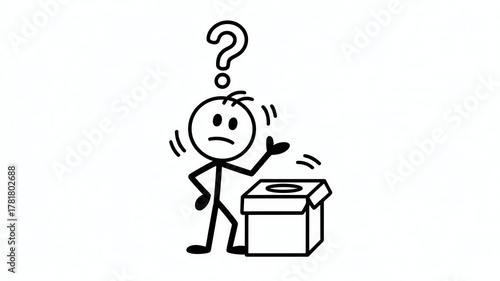 Confused stick figure with a question mark above head next to a box isolated on white background