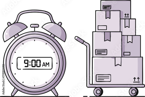 Alarm clock showing 9 AM next to a cart loaded with delivery boxes.