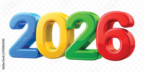 realistic 3d colorful three dimensional 2026 typography Isolated on a transparent background