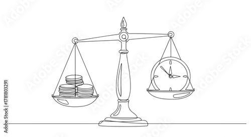 A minimalist single continuous one line drawing of a balance scale comparing time and money, illustrating the value concept
