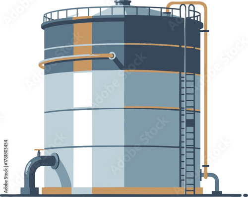 Large industrial storage tank with ladder and piping for liquid or gas containment.