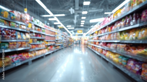 Blurry view of supermarket shelves filled with colorful products in a busy store during the afternoon shopping rush