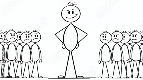 Confident stick figure stands tall and smiling, isolated on white background