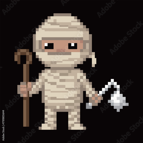 Cute Cartoon Mummy Character Pixel Art Sprite Holding a Cane and Flail, Representing Ancient Egyptian Culture, History, and Retro Video Game Fantasy Character