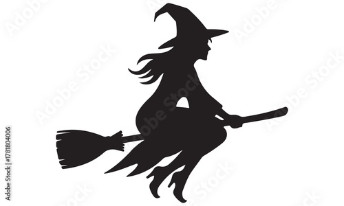 Halloween witch flying on broomstick silhouette