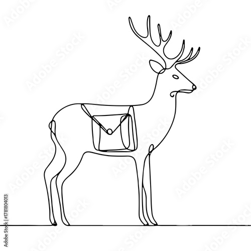Minimalist deer with a mail bag  Santa's Transportation and Delivery Christmas outline / minimal vector