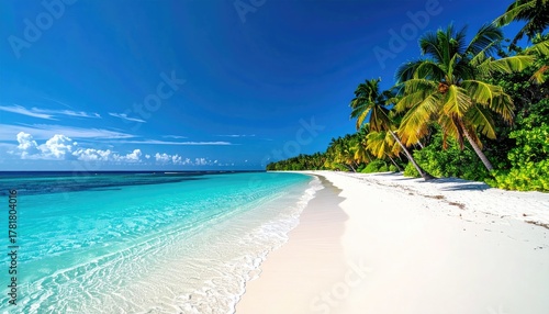 Tropical Island Paradise Beach With Lush Green Palm Trees And Crystal Clear Turquoise Water Under A Bright Blue Sunny Sky