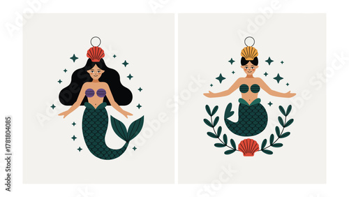 Enchanting Mermaids: A whimsical pair of mermaid illustrations showcasing grace and allure. Capturing the spirit of the sea with each graceful stroke.