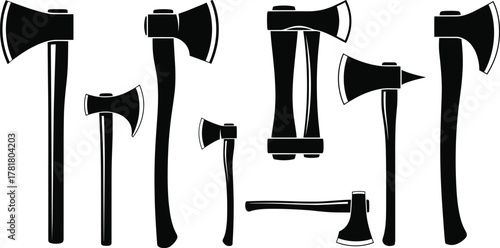 Axe silhouette icon set, black vector illustration, diverse blade styles, hatchet and hammer designs, tool shapes, minimal layout, weapon concept