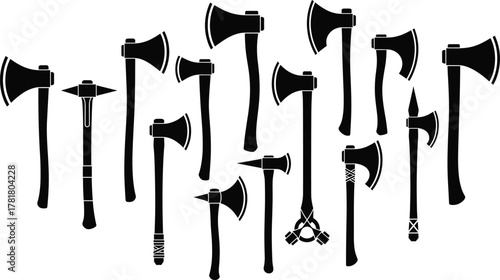 Axe silhouette icon set, black vector illustration, fantasy and historical blade designs, hatchet and hammer styles, weapon shapes, minimal layout, tool concept
