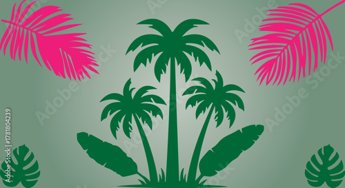 Tropical palm trees and leaves create a vibrant summer vacation background scene