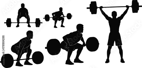 Barbell lift silhouette set, black vector illustration, deadlift and overhead press poses, proper lifting form, fitness training icons, gym workout concept