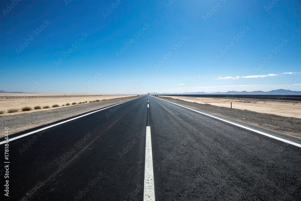 Fototapeta premium Journey on a Straight Road, Location: Desert Landscape, Content Type: Photograph, Environment: Open Sky, Viewpoint: Medium Shot