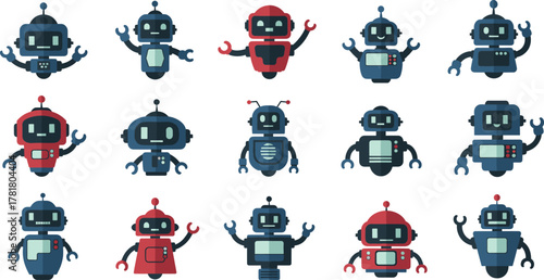 Cartoon robot character set, colorful vector illustration, playful mechanical icons, diverse expressions, antenna and gear details, tech design, minimal style