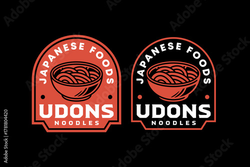 Udon noodles retro badge logo design set for Japanese food. Noodle bowl vintage emblem element design pack for restaurant. Ramen Asian cuisine rustic patch graphic design for culinary and cafes