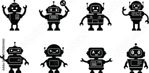 Cartoon robot silhouette set, black vector illustration, expressive mechanical icons, diverse poses, antenna and tool details, minimal style, tech character design