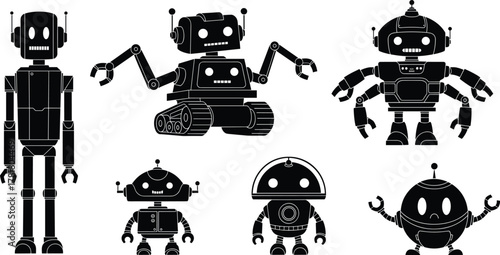 Cartoon robot silhouette set, black vector illustration, playful mechanical characters, expressive faces, claw hands, antenna details, minimal style, tech concept