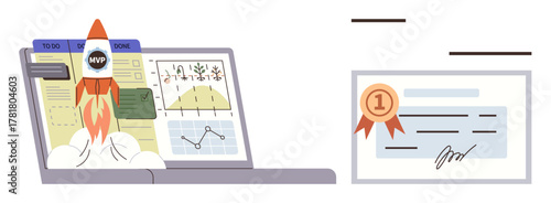 Rocket launching from laptop screen with charts and tasks, MVP text, and certificate symbolizing milestones, progress, and goals. Ideal for innovation, entrepreneurship, goal-setting, productivity