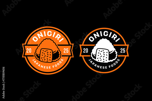 Onigiri rice ball retro badge logo design set for restaurant. Japanese sushi snack vintage emblem element pack for culinary. Asian onigiri meal rustic patch graphic design for cafes and cuisine