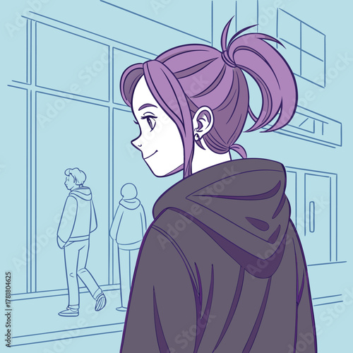 An illustration of a young woman with purple hair in a ponytail, wearing a dark hoodie, looking back and smiling while walking on a city street with buildings and other people in the background.